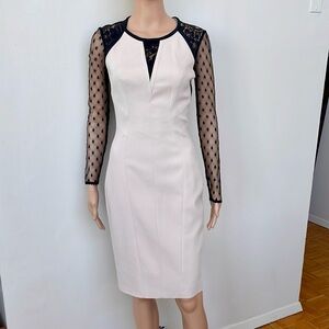 KAREN MILLEN ELEGANT CREM DRESS WITH POLKA DOT LACE SLEEVES, S
